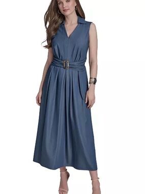 NWT Halston Blue Belted Maxi Dress Sz 14